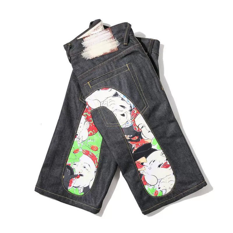 Five quarter shorts for boys, trendy brand hip-hop, summer five quarter shorts with printed personality, big M loose and trendy thin denim shorts