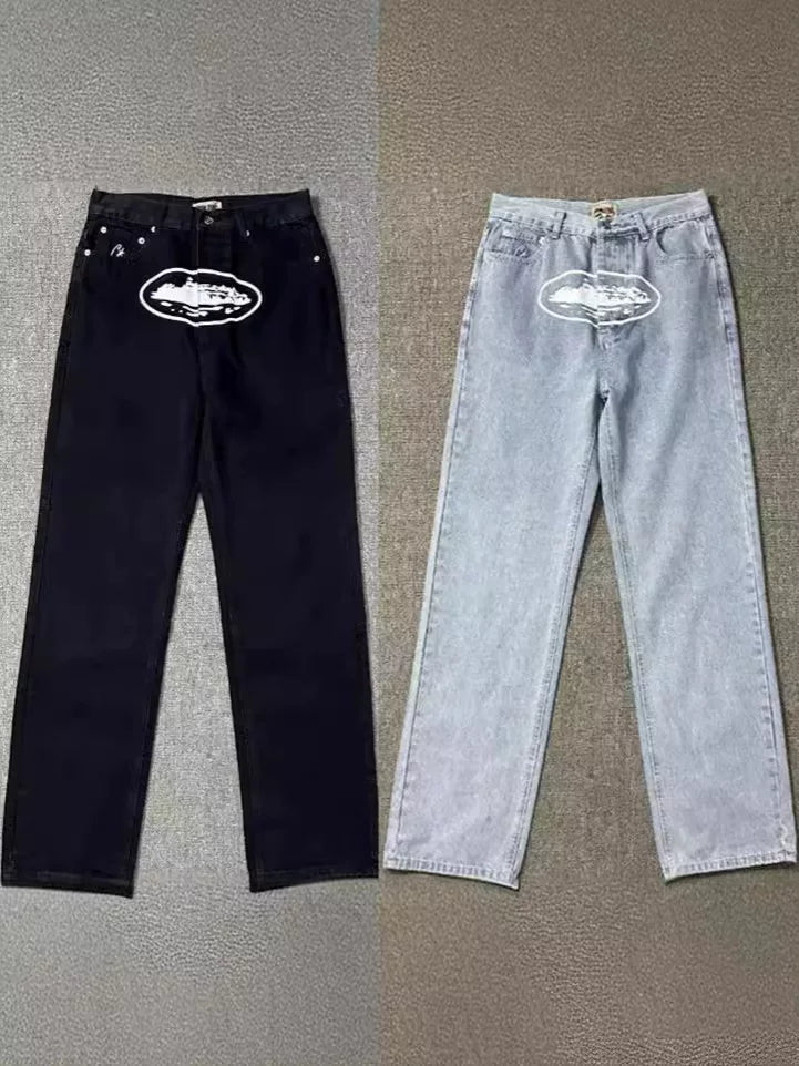 Classic Devil's Island print casual high street jeans for men, loose and trendy brand ins versatile straight leg pants