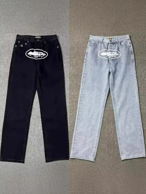 Classic Devil's Island print casual high street jeans for men, loose and trendy brand ins versatile straight leg pants