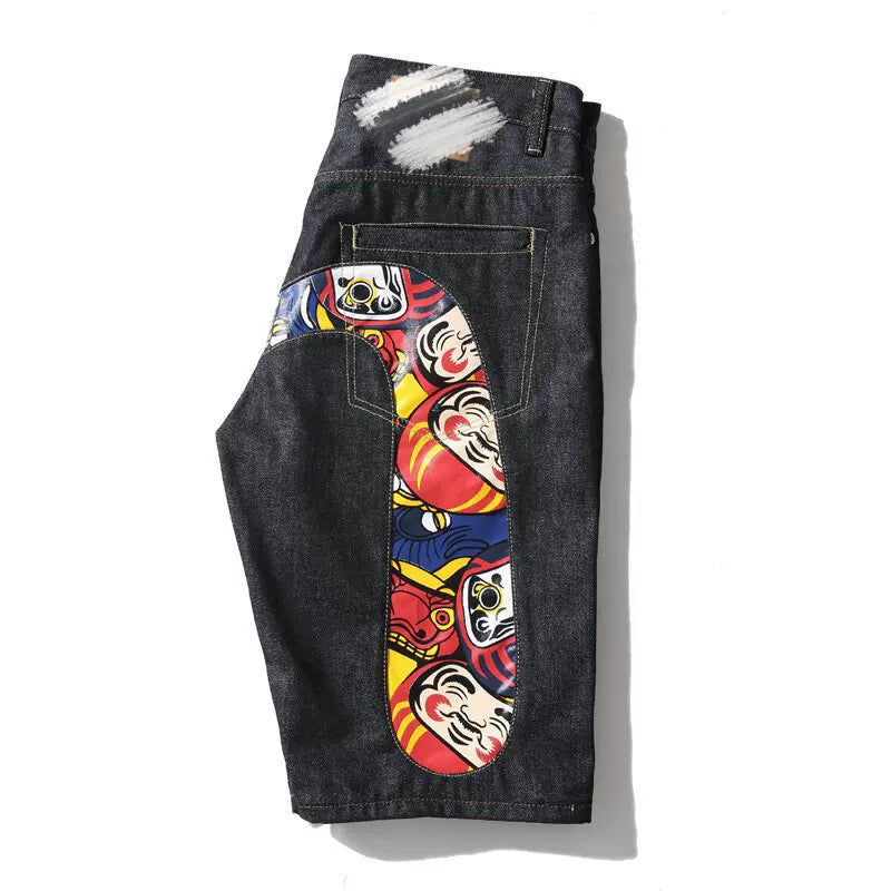 Five quarter shorts for boys, trendy brand hip-hop, summer five quarter shorts with printed personality, big M loose and trendy thin denim shorts
