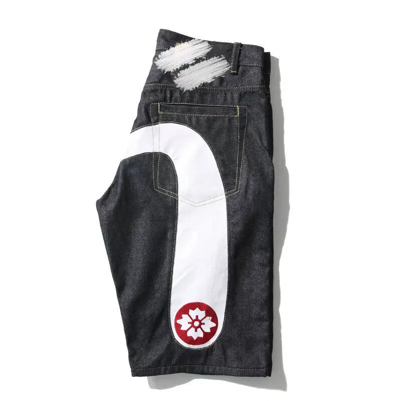 Five quarter shorts for boys, trendy brand hip-hop, summer five quarter shorts with printed personality, big M loose and trendy thin denim shorts