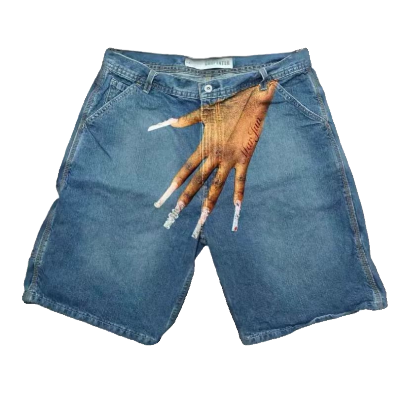 Cross-border summer new European and American hip-hop funny one hand pattern printed high street casual fashion denim shorts men