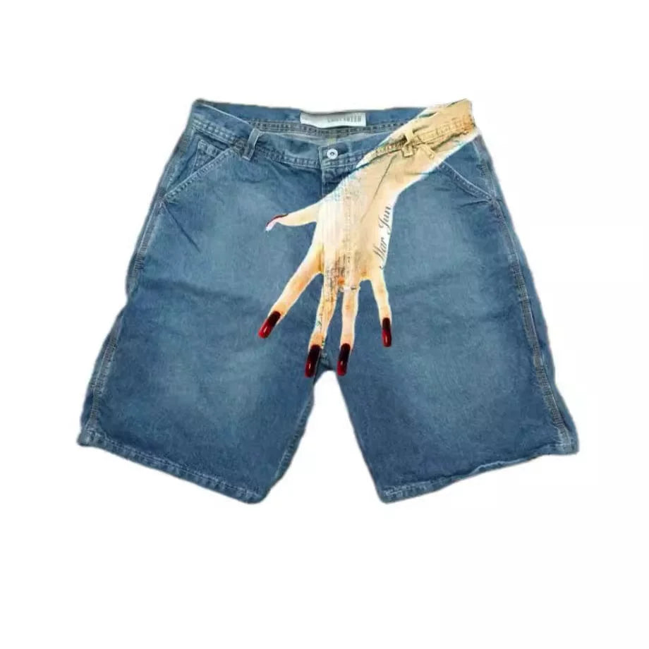 Cross-border summer new European and American hip-hop funny one hand pattern printed high street casual fashion denim shorts men