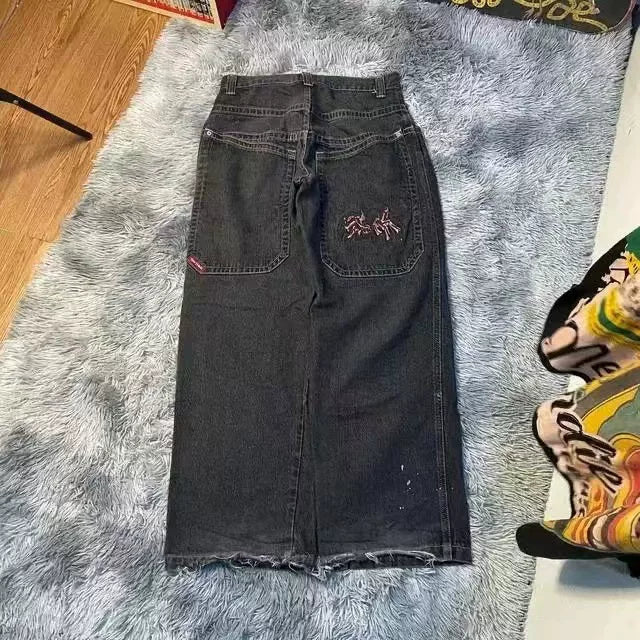 Loose straight jeans Men's retro embroidery hip -hop Gotter street clothing Harasuku Men's cross -border casual pants