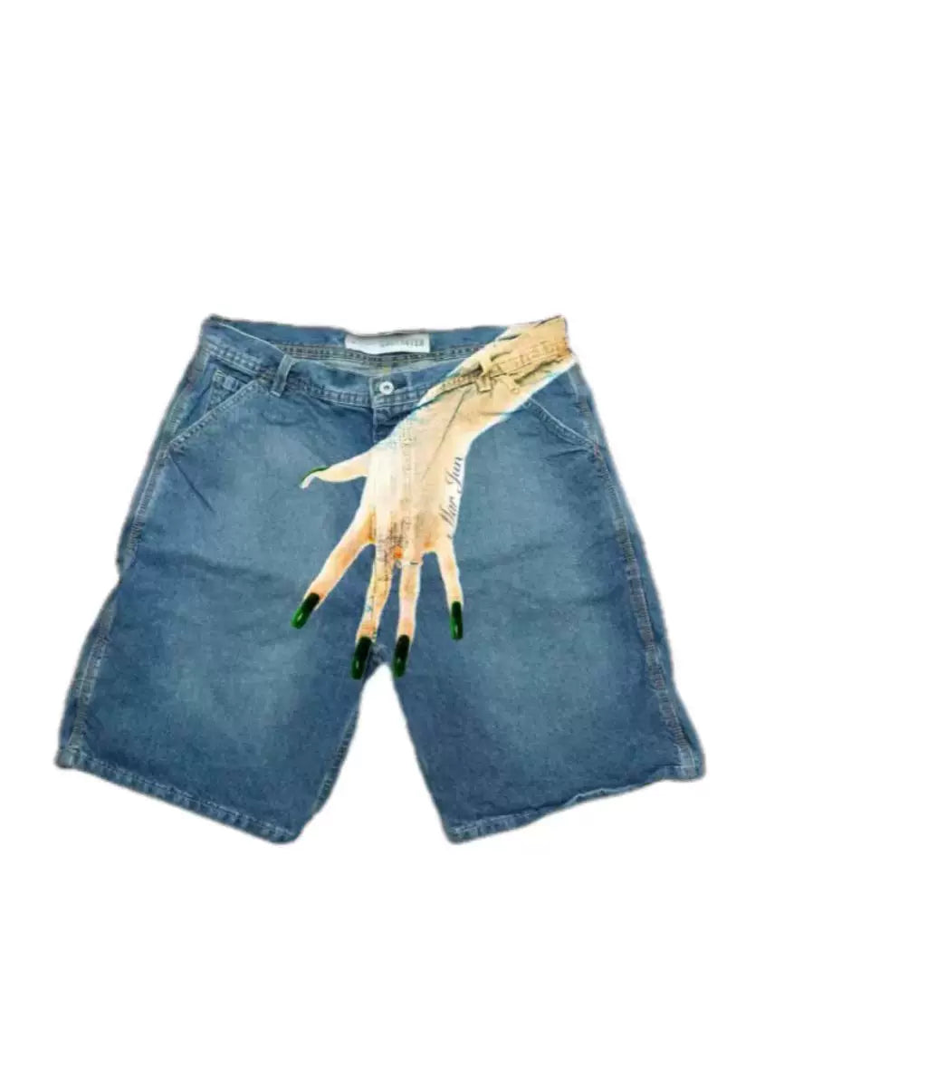 Cross-border summer new European and American hip-hop funny one hand pattern printed high street casual fashion denim shorts men