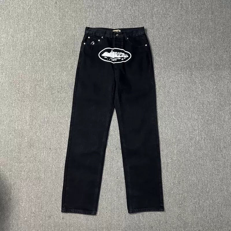 Classic Devil's Island print casual high street jeans for men, loose and trendy brand ins versatile straight leg pants