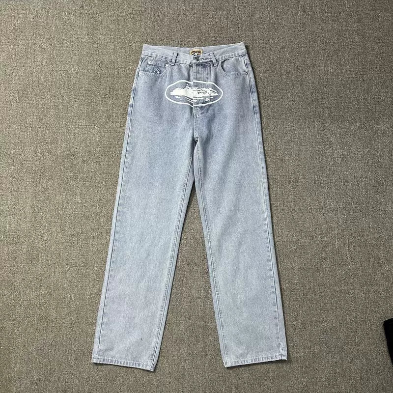 Classic Devil's Island print casual high street jeans for men, loose and trendy brand ins versatile straight leg pants