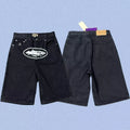 Corteiz Alcatraz Island Front Logo Heavyweight Denim Shorts - Black