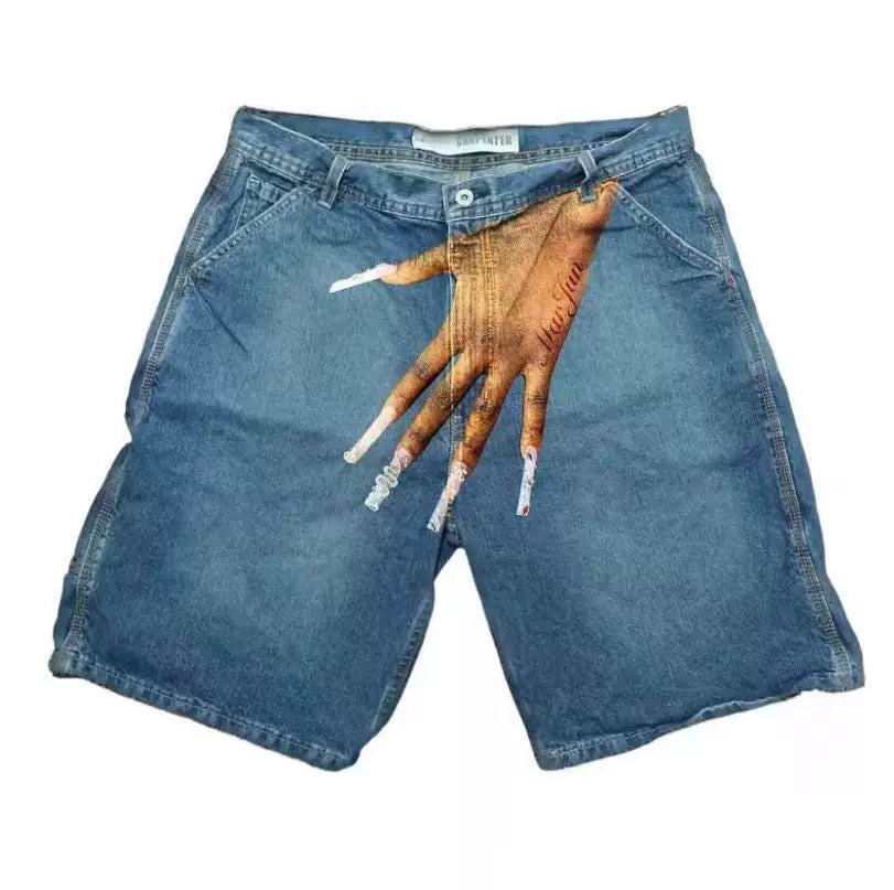 Cross-border summer new European and American hip-hop funny one hand pattern printed high street casual fashion denim shorts men