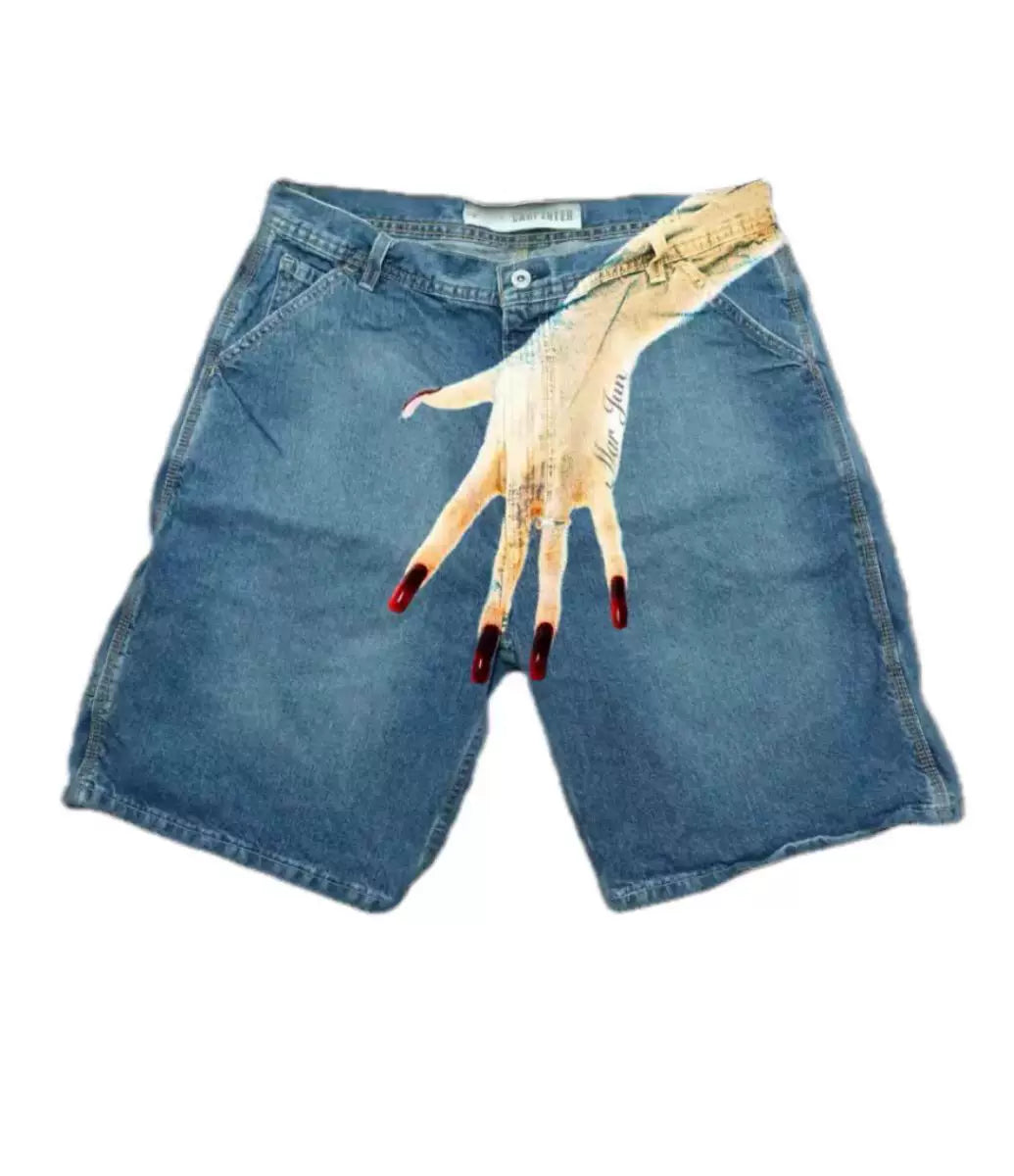 Cross-border summer new European and American hip-hop funny one hand pattern printed high street casual fashion denim shorts men