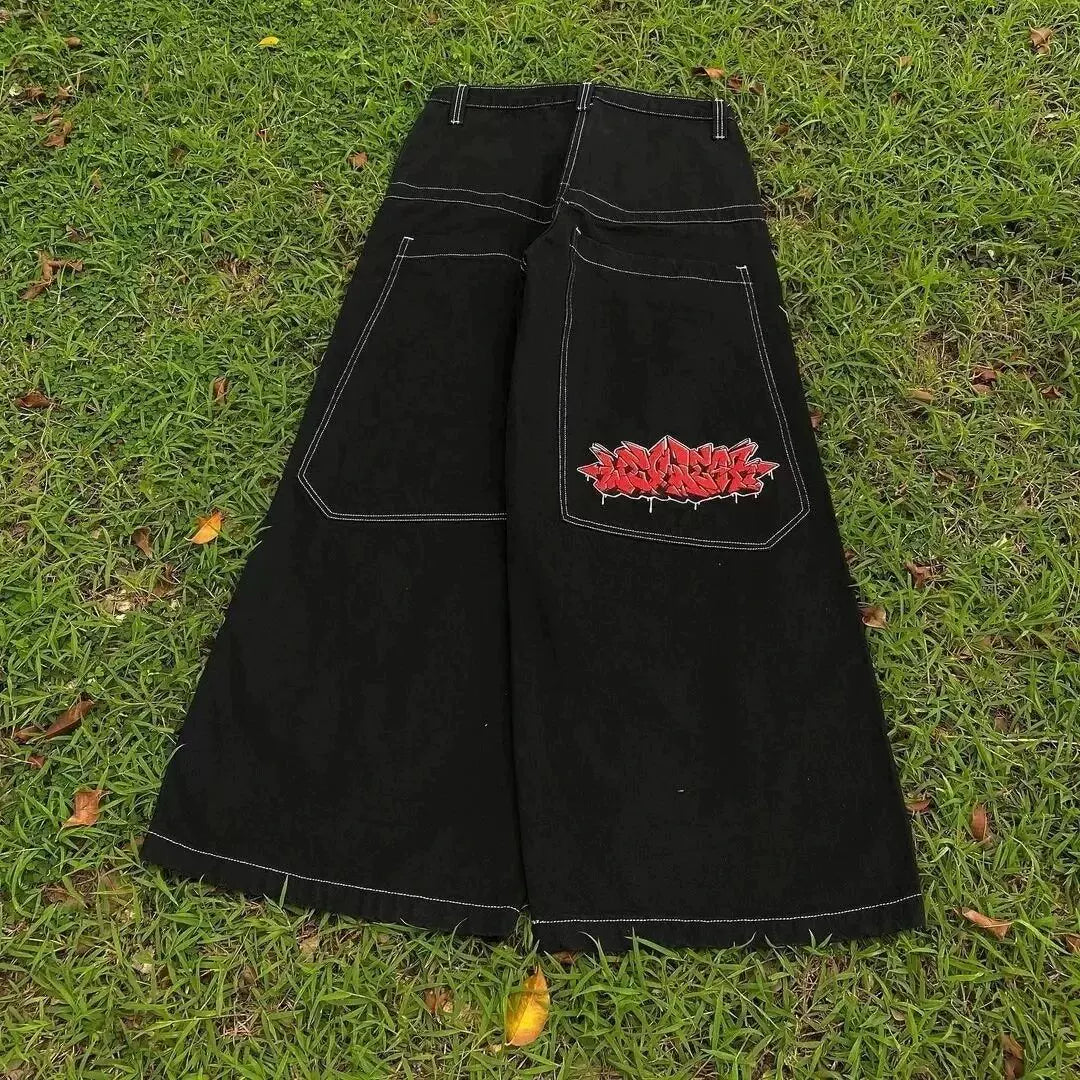 Loose straight jeans Men's retro embroidery hip -hop Gotter street clothing Harasuku Men's cross -border casual pants