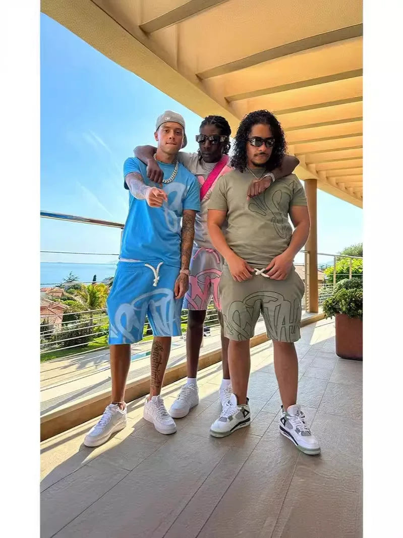European and American style street hip-hop men's letter printing loose short-sleeved tops men's summer trend brand ins casual sports suit