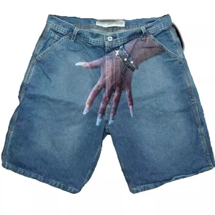Cross-border summer new European and American hip-hop funny one hand pattern printed high street casual fashion denim shorts men