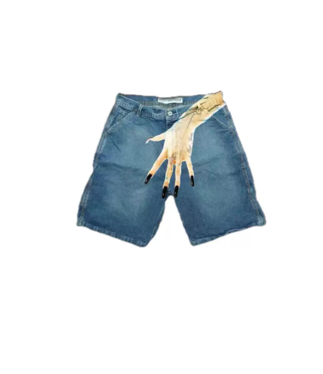 Cross-border summer new European and American hip-hop funny one hand pattern printed high street casual fashion denim shorts men