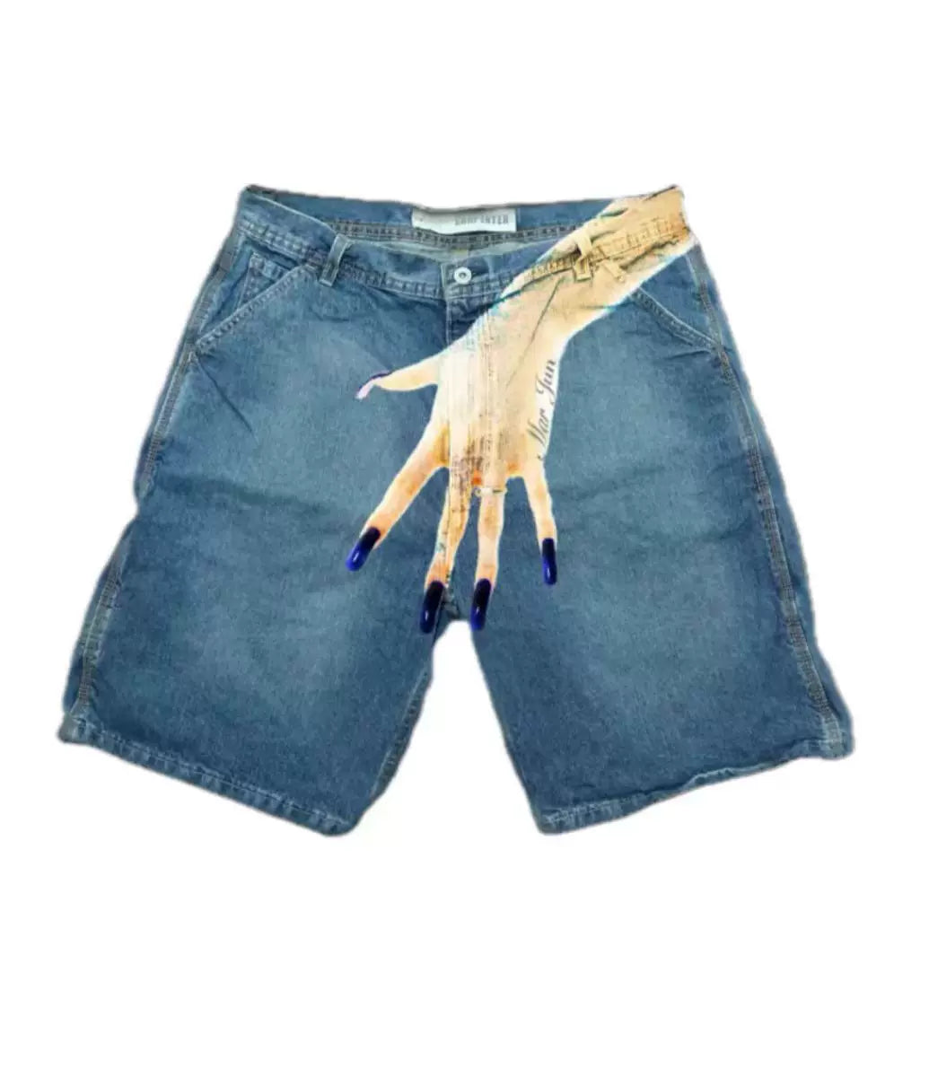 Cross-border summer new European and American hip-hop funny one hand pattern printed high street casual fashion denim shorts men