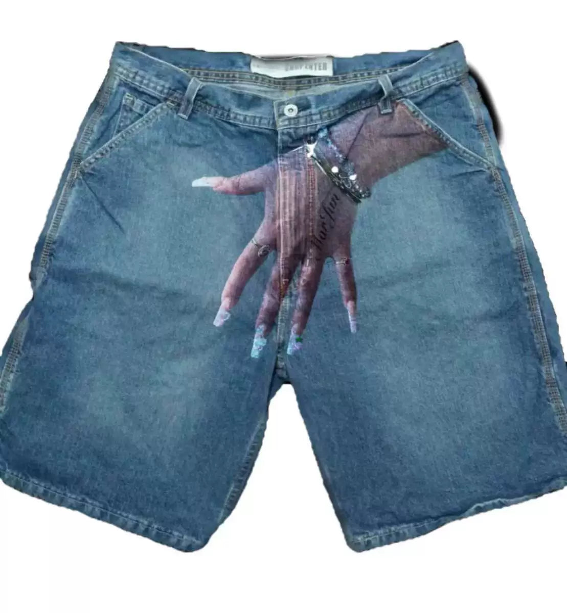 Cross-border summer new European and American hip-hop funny one hand pattern printed high street casual fashion denim shorts men