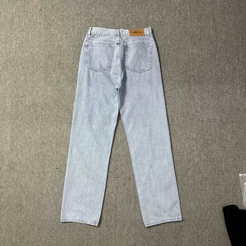 Classic Devil's Island print casual high street jeans for men, loose and trendy brand ins versatile straight leg pants