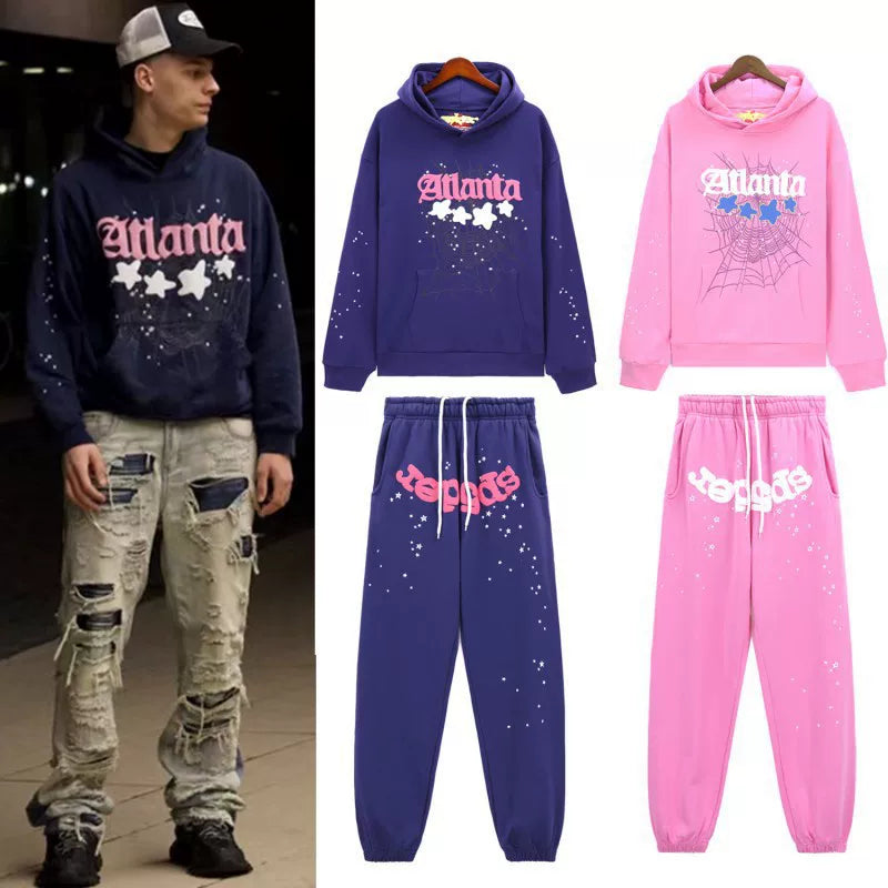 Sp5der hip-hop singer Young Thug555 same print letter couple hoodie Pink sweatshirt men