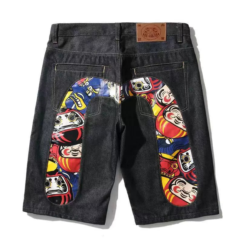 Five quarter shorts for boys, trendy brand hip-hop, summer five quarter shorts with printed personality, big M loose and trendy thin denim shorts