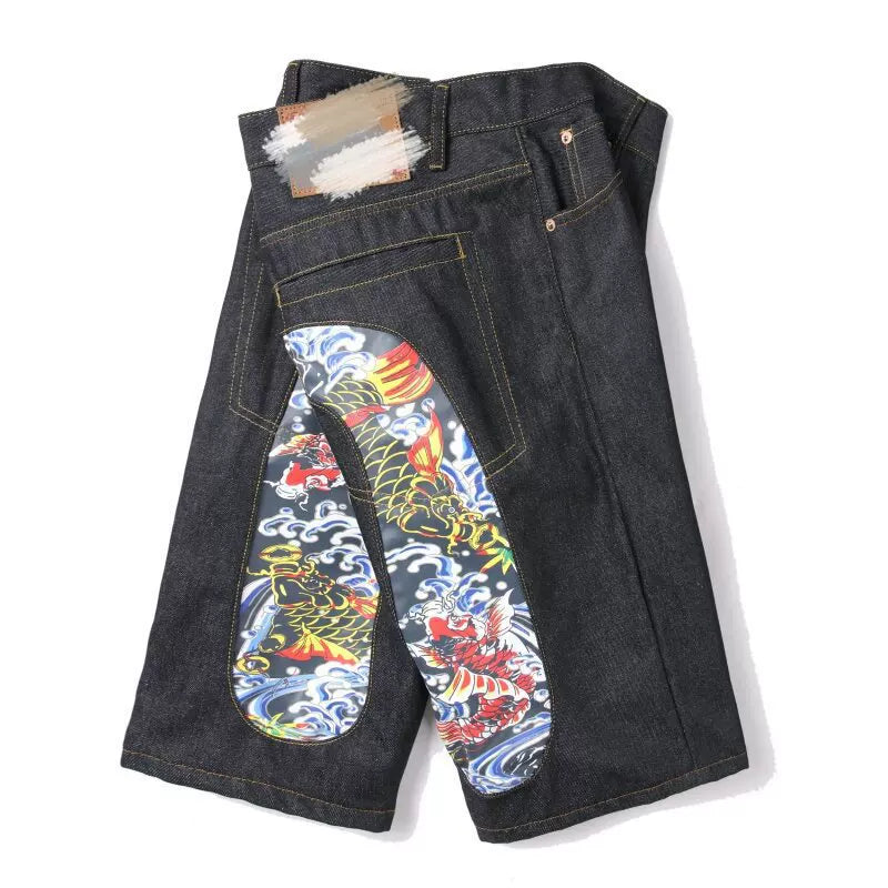 Five quarter shorts for boys, trendy brand hip-hop, summer five quarter shorts with printed personality, big M loose and trendy thin denim shorts