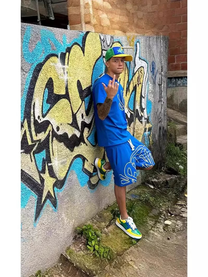 European and American style street hip-hop men's letter printing loose short-sleeved tops men's summer trend brand ins casual sports suit