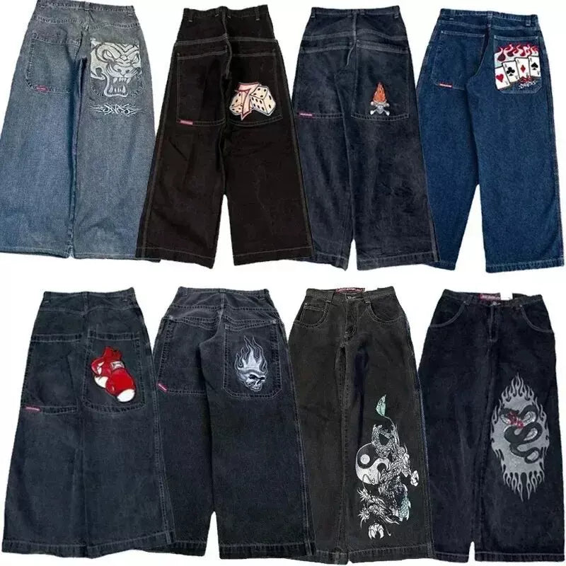 Loose straight jeans Men's retro embroidery hip -hop Gotter street clothing Harasuku Men's cross -border casual pants