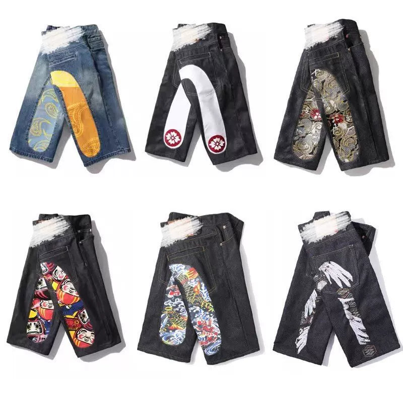 Five quarter shorts for boys, trendy brand hip-hop, summer five quarter shorts with printed personality, big M loose and trendy thin denim shorts