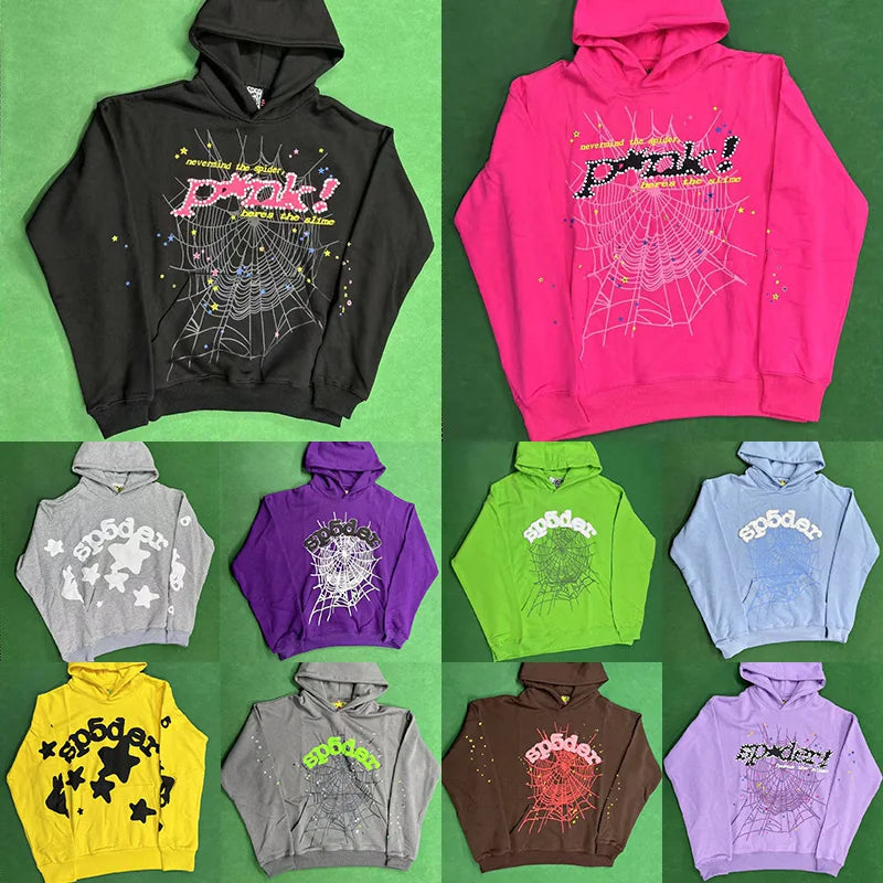 Sp5der hip-hop singer Young Thug555 same print letter couple hoodie Pink sweatshirt men