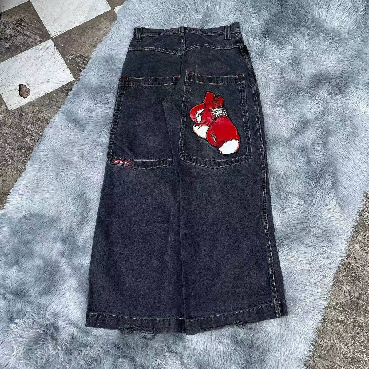 Loose straight jeans Men's retro embroidery hip -hop Gotter street clothing Harasuku Men's cross -border casual pants
