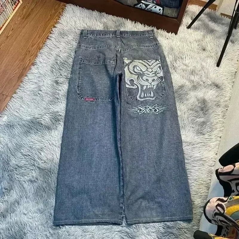 Loose straight jeans Men's retro embroidery hip -hop Gotter street clothing Harasuku Men's cross -border casual pants