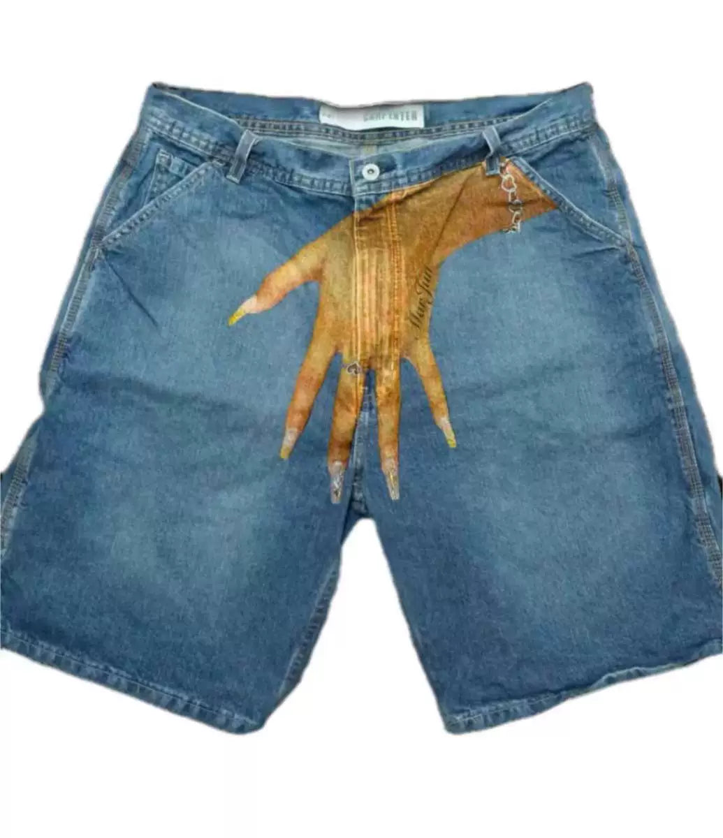 Cross-border summer new European and American hip-hop funny one hand pattern printed high street casual fashion denim shorts men