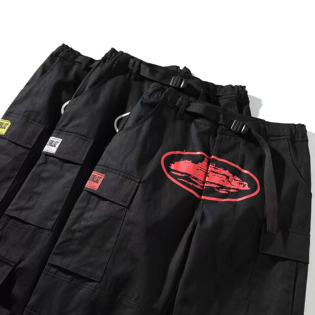American retro high street fashion brand ins hip-hop street print casual multi-pocket side buckle unisex overalls