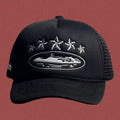 Cortiez Vintage Black Trucker Hat with Silver Stars and Cruise Ship Graphic