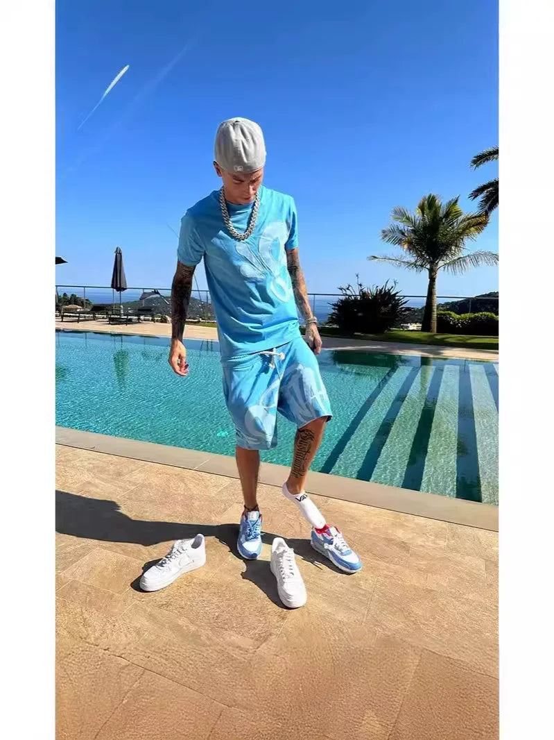 European and American style street hip-hop men's letter printing loose short-sleeved tops men's summer trend brand ins casual sports suit
