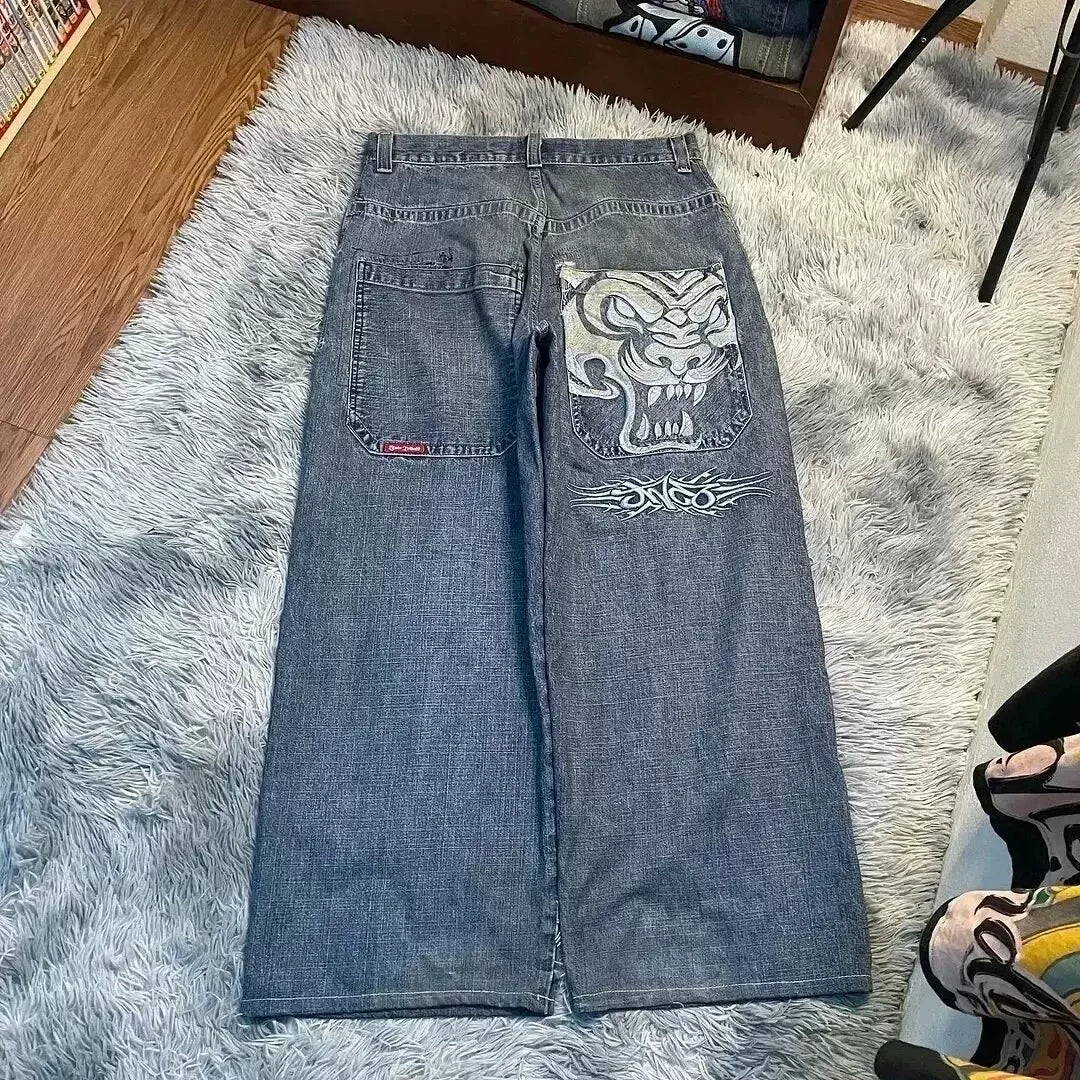 Loose straight jeans Men's retro embroidery hip -hop Gotter street clothing Harasuku Men's cross -border casual pants