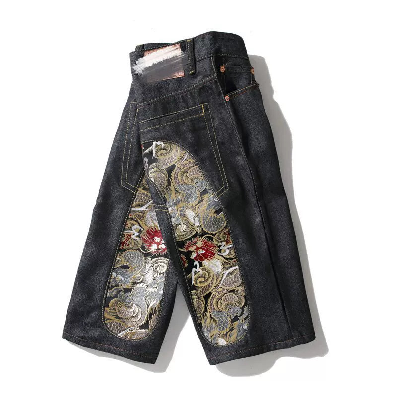 Five quarter shorts for boys, trendy brand hip-hop, summer five quarter shorts with printed personality, big M loose and trendy thin denim shorts