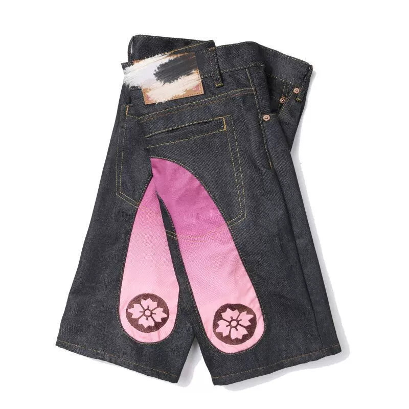 Five quarter shorts for boys, trendy brand hip-hop, summer five quarter shorts with printed personality, big M loose and trendy thin denim shorts