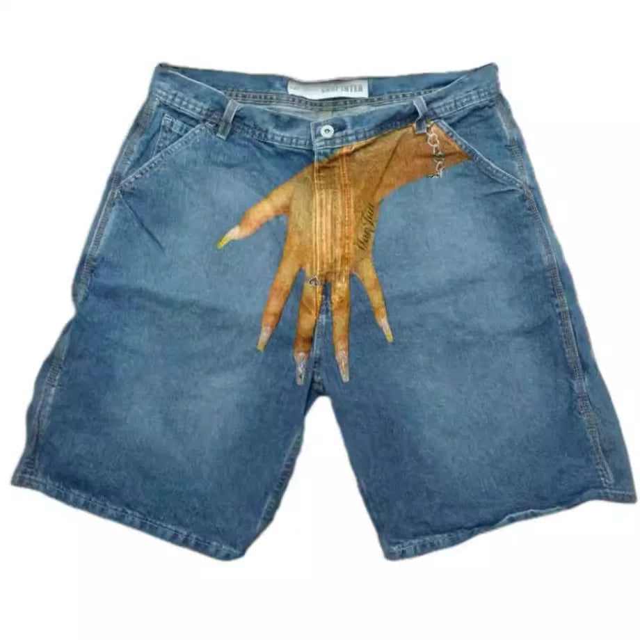 Cross-border summer new European and American hip-hop funny one hand pattern printed high street casual fashion denim shorts men