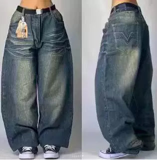 Loose straight jeans Men's retro embroidery hip -hop Gotter street clothing Harasuku Men's cross -border casual pants